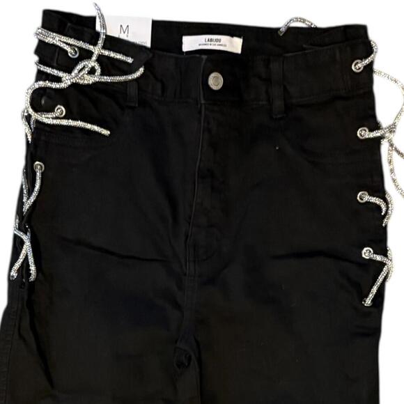 Labijou Black Lace Up Skinny Pants Silver Side Grommets Stretch Fit Size M - Picture 3 of 8